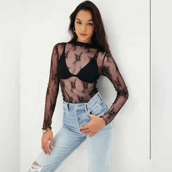 Black Sheer Lace Embroidered Mock Neck Mesh, Long Sleeve Floral Top - Picture 7 of 10